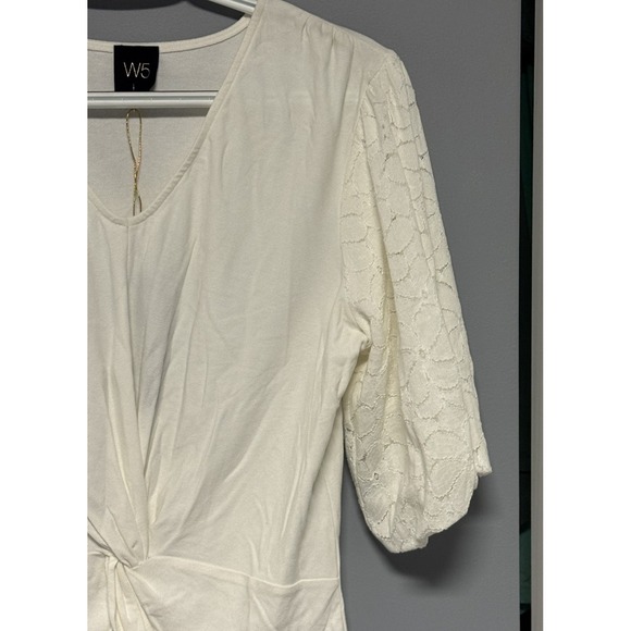 W5 Anthropologie‎ White Twist Front Lace Puff Sleeve Top Women's Medium Sample - Picture 3 of 9